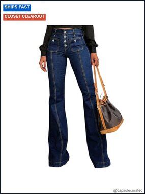 Stretchy Mid Waisted Wide Leg Bell Bottom Jeans Figure Flattering Tummy Control